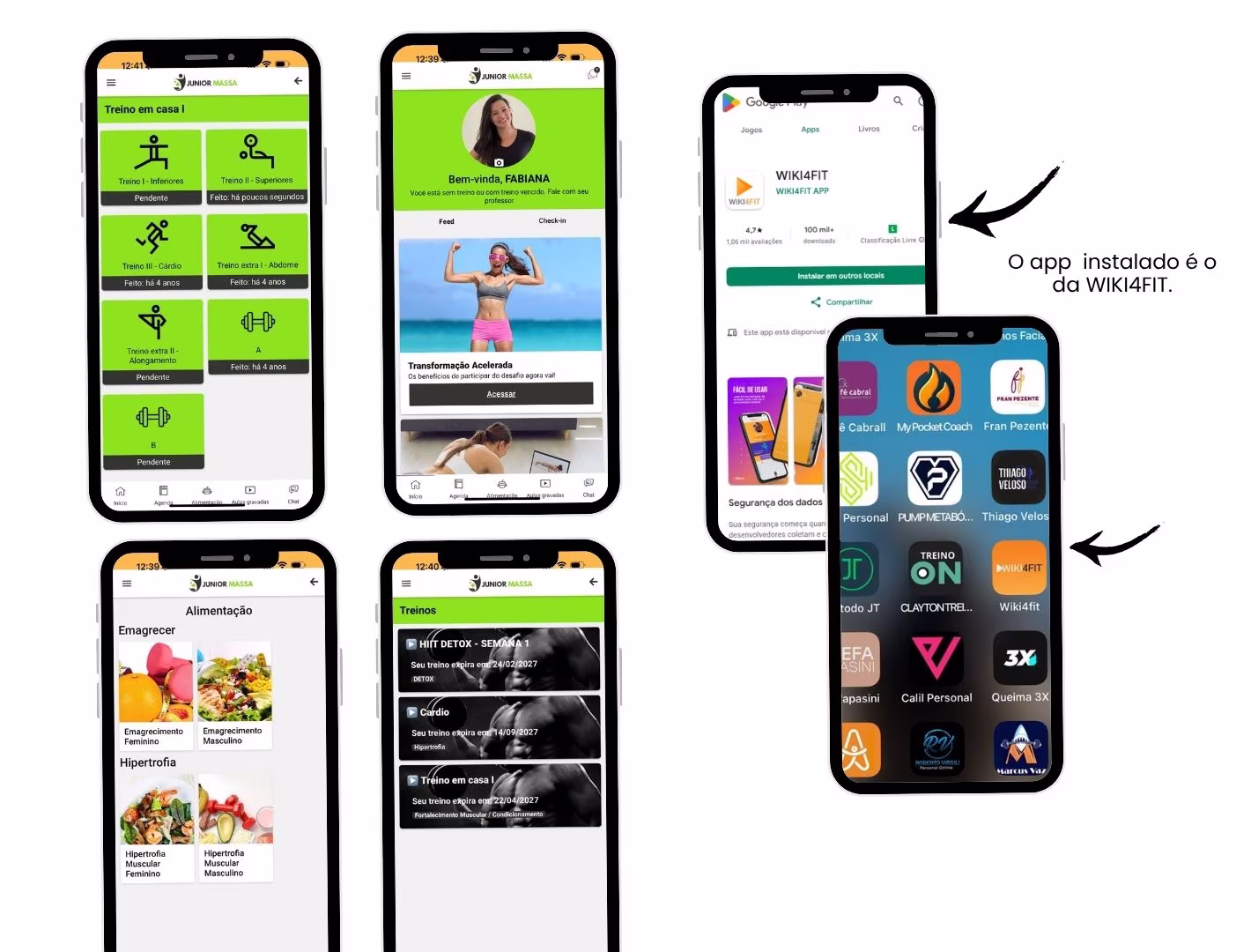 App Wiki4Fit instalado e telas internas personalizadas no plano Pro